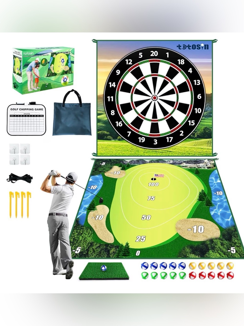 New Golf Chipping Game Hitting Mat 70x70" double Sided practice Kit sticky Balls